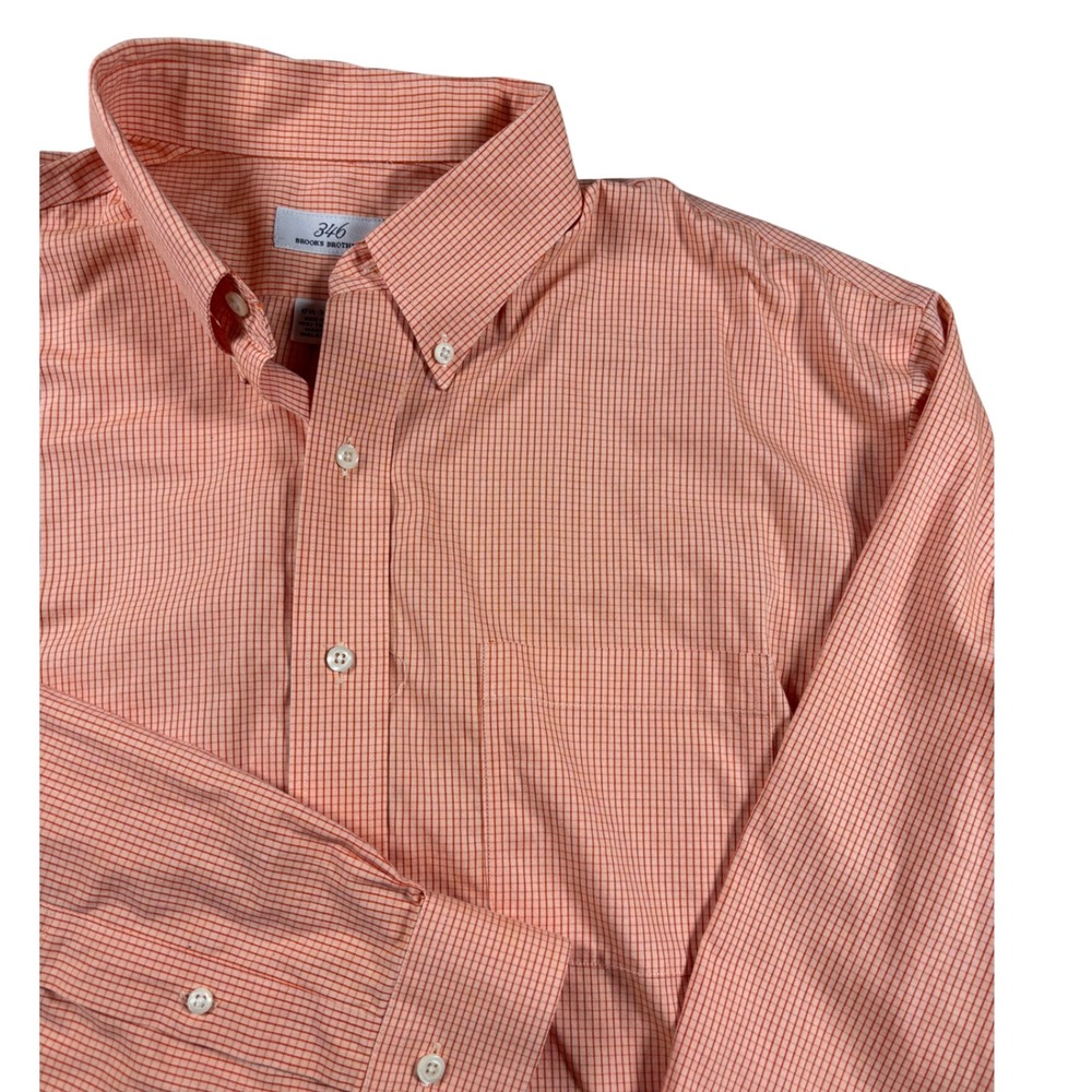 Brooks Brothers 346 Mens Orange Micro Check Non-Iron Shirt 17.5 34/35